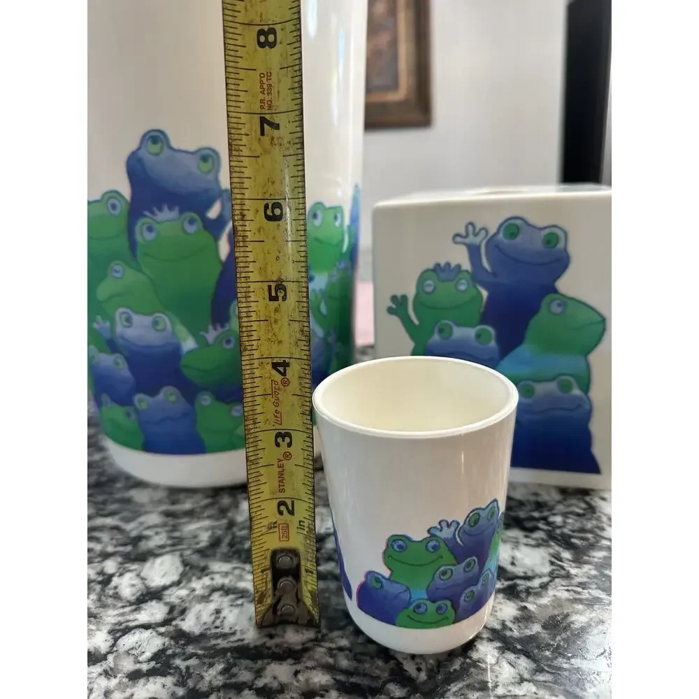VTG Frog Bathroom Set Trash Can Tissue Holder Tumbler Made In USA Plastic